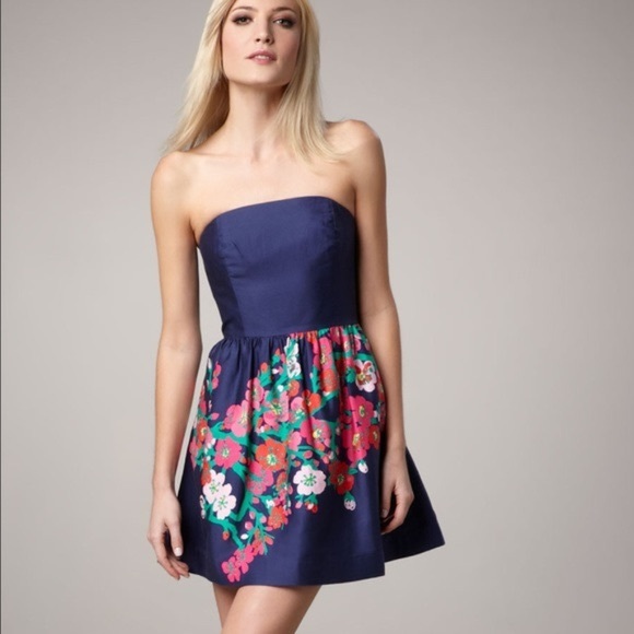 blue floral strapless dress